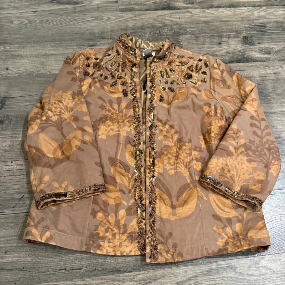 Chico's Beaded Floral Open Front Jacket Bronze Metallic Mesh Size 1 Medium